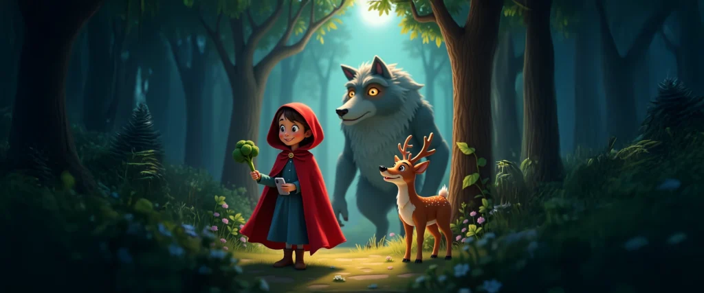Red riding hood in the middle, holding a broccoli stalk and a smartphone. There is a deer next to her and a wolf in the background